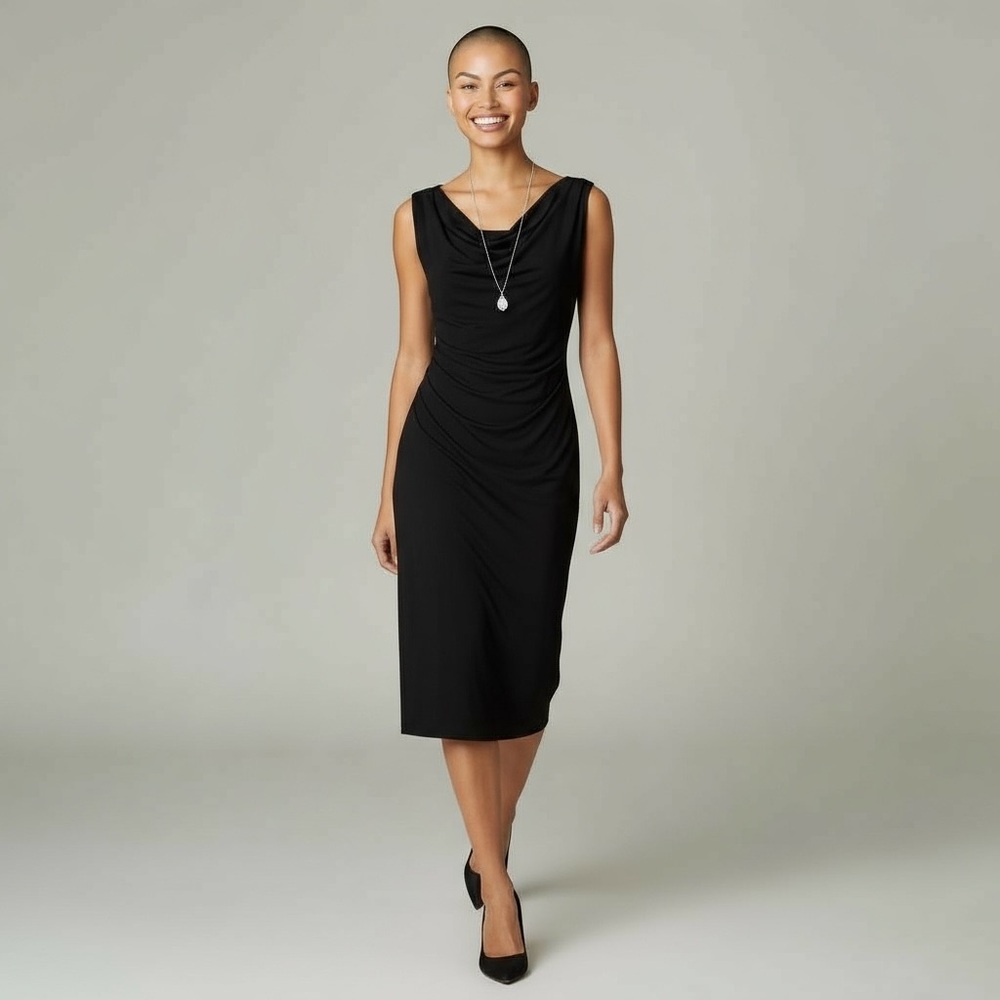 Sleeveless Draped black lined, sheath dress‎ by David Meister.  Size 2